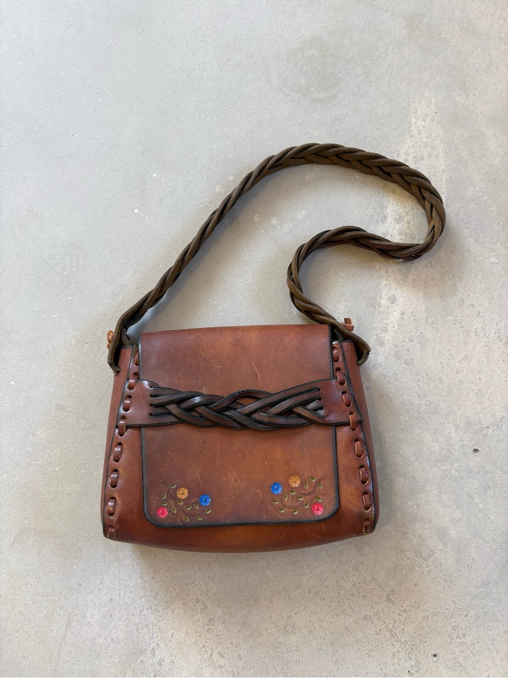 Tooled Leather Floral Braided Strap Cottagecore Boho Boxy Shoulder Bag Medium